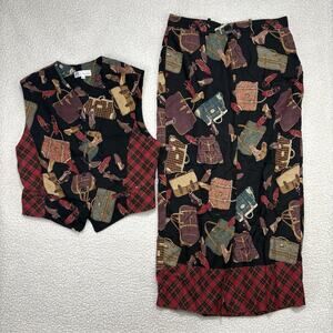 Vintage FL Malik Skirt‎ Set Vest 2pc Size 12 Red Purse Shoes Novelty Print USA
